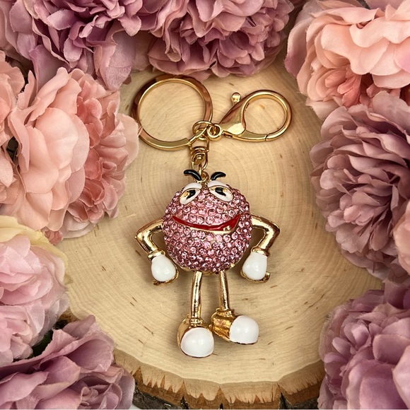 Whimsical Pink Crystal M&M Character Keychain Charm - Picture 7 of 16